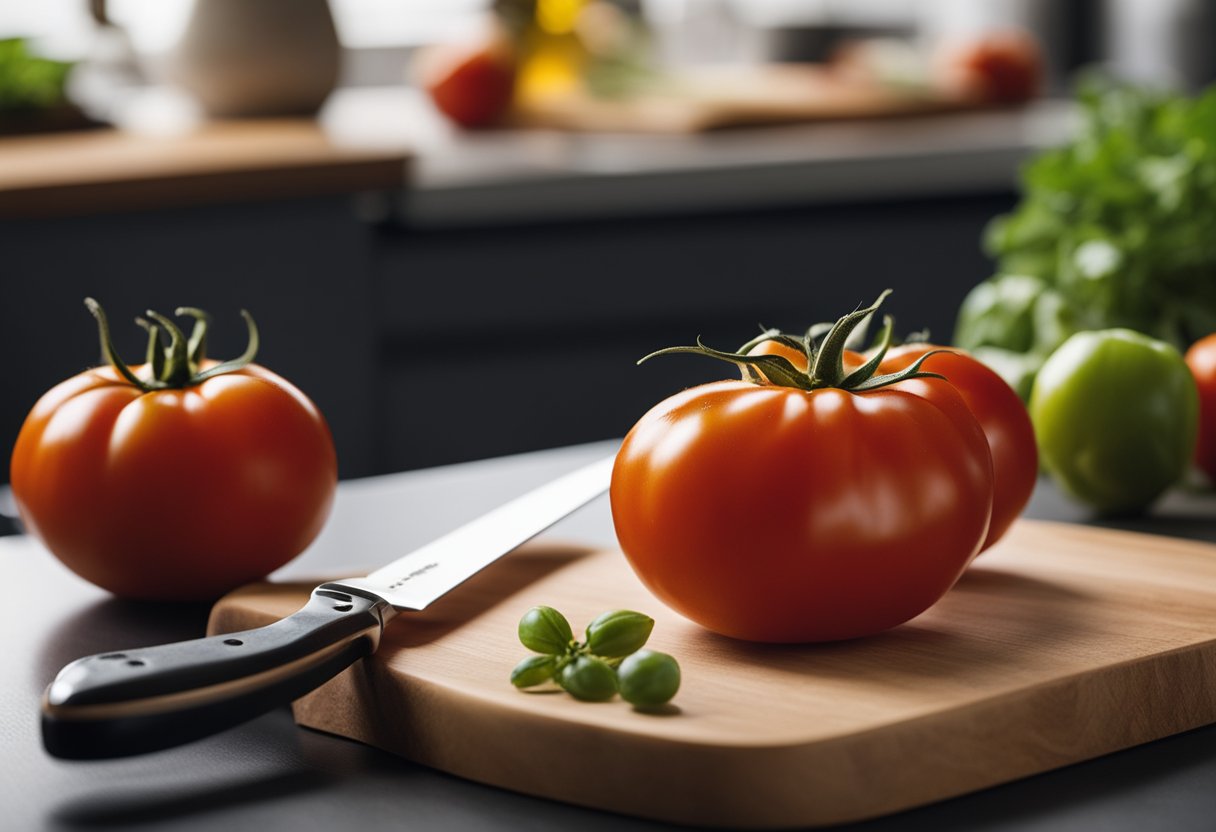 A vibrant tomato sits on a cutting board with a knife nearby. A nutrition label and basic tomato nutritional information are displayed next to it