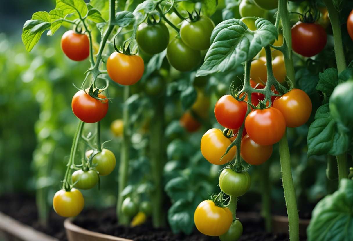 A vibrant tomato plant stands tall, laden with plump, ripe tomatoes. Nutritional information labels float around, highlighting the health benefits of tomatoes