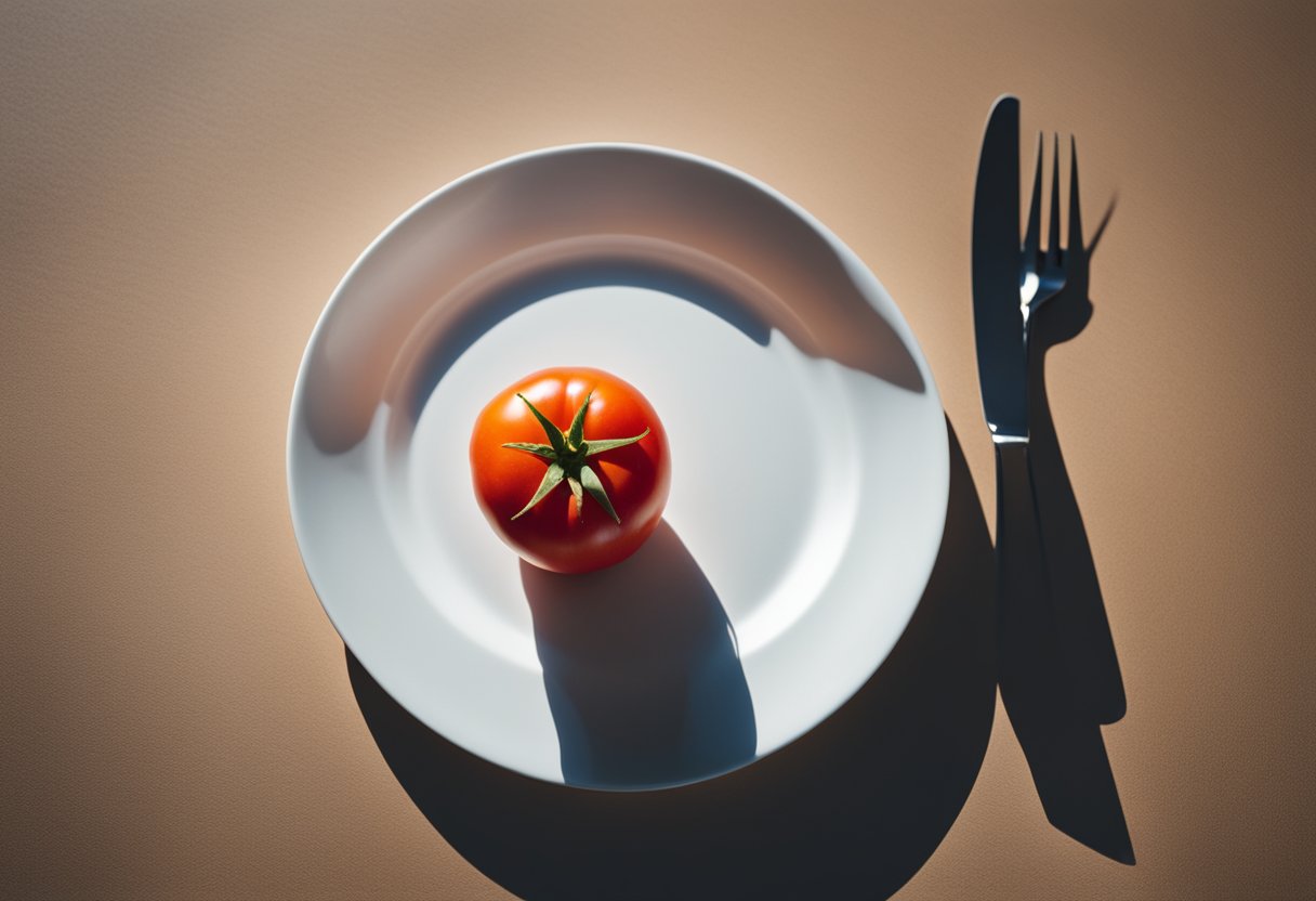 A single tomato sits on a white plate, casting a shadow. The tomato is round and vibrant red, with a small green stem at the top