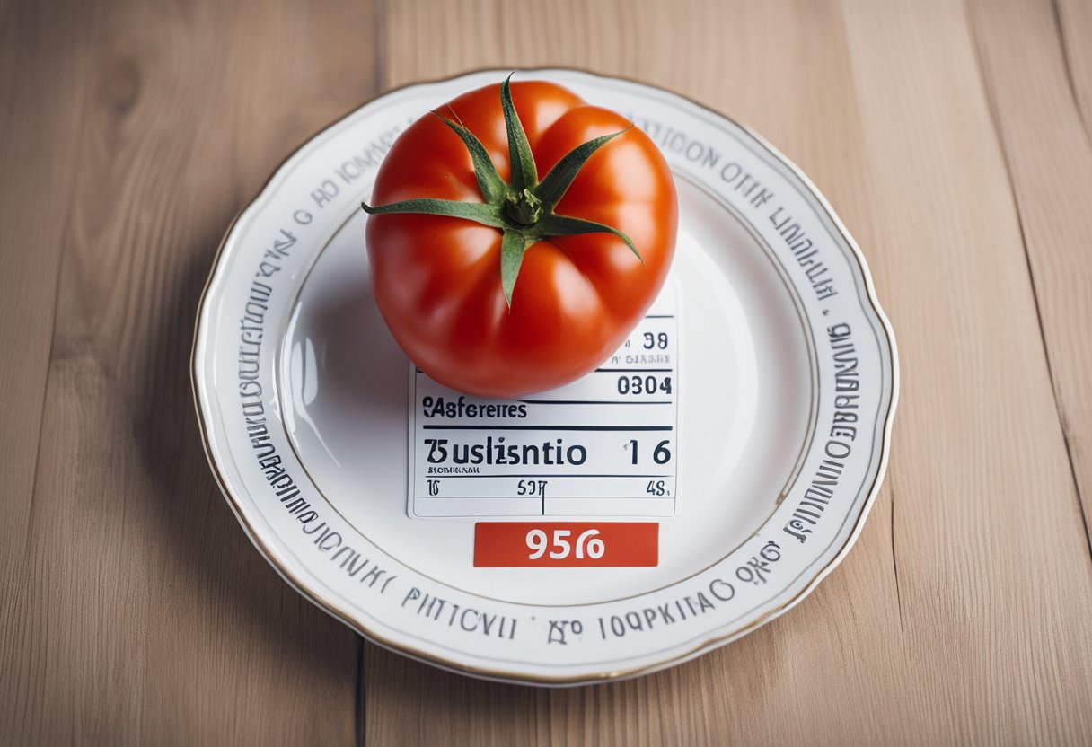 A ripe red tomato sits on a white plate, with a nutrition label next to it showing the calorie count of one tomato