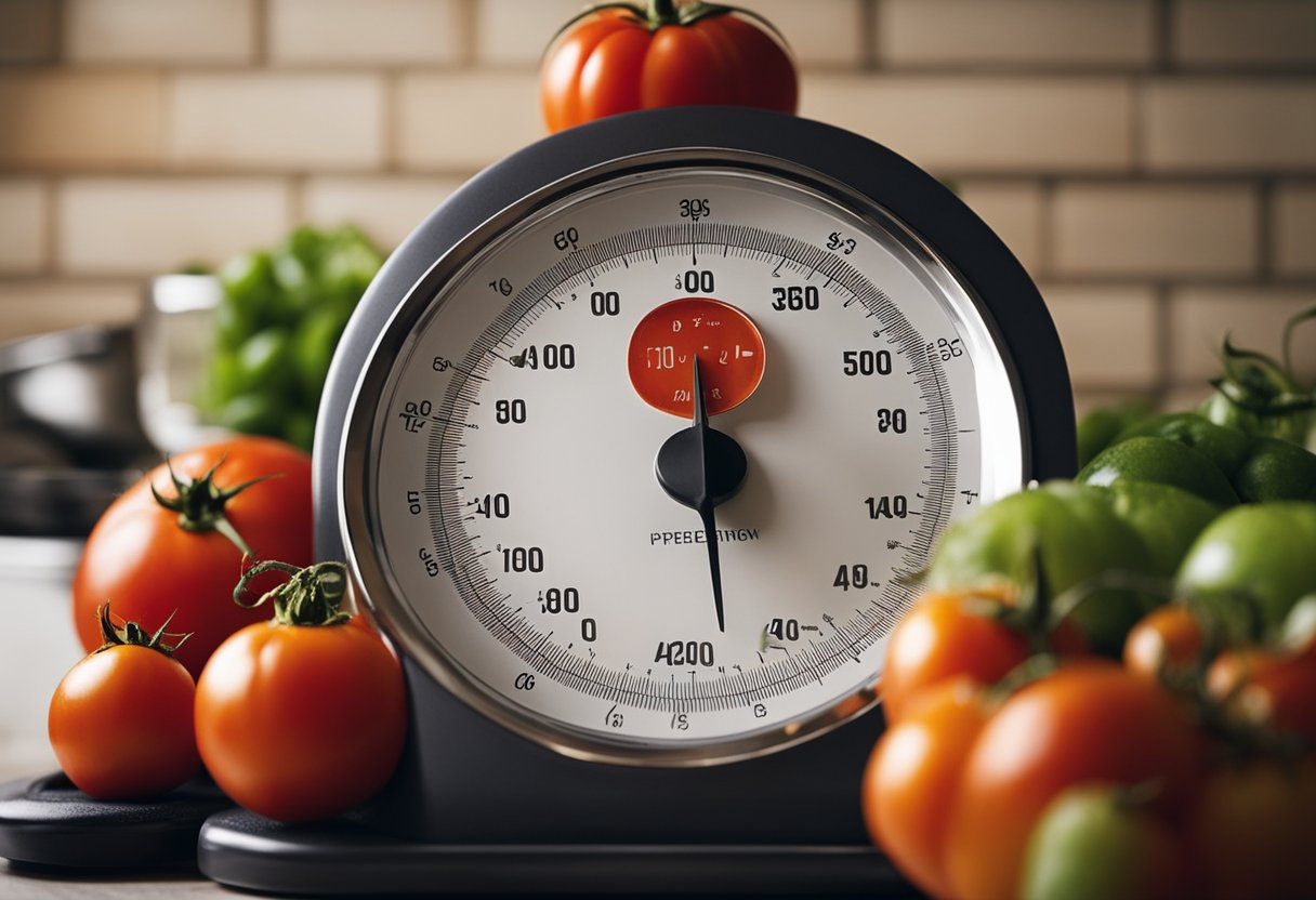 A ripe tomato sits on a kitchen scale, displaying its caloric value in bold numbers