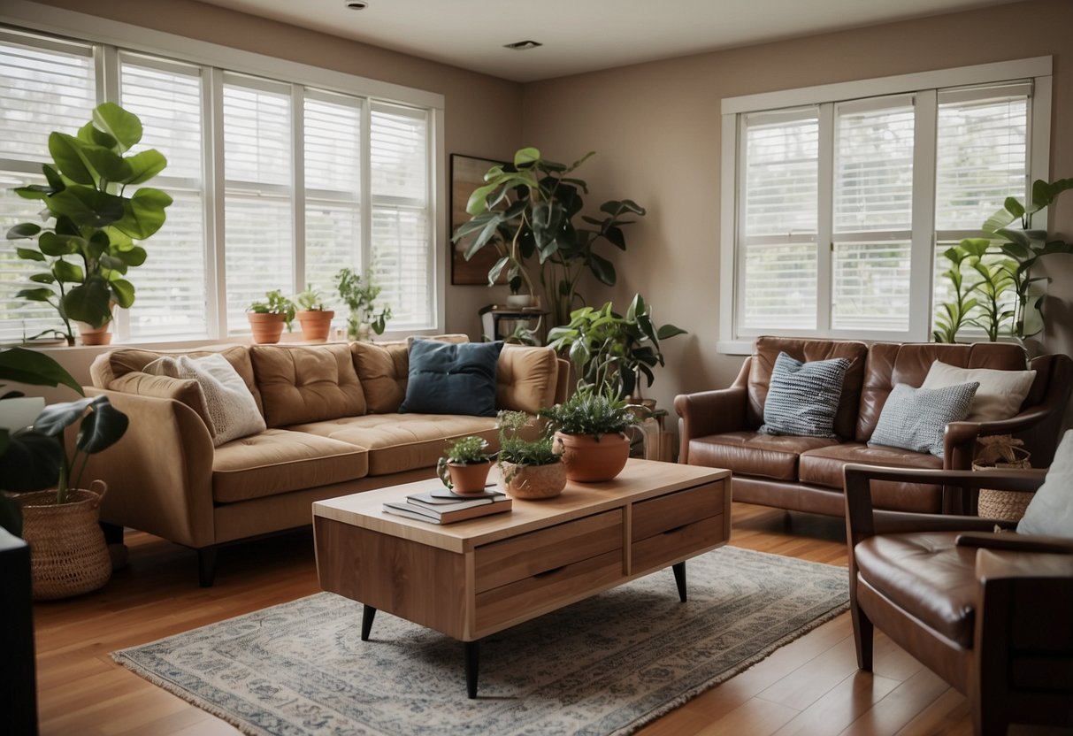 A living room with a sofa, coffee table, and potted plants. A dining area with a table and chairs. A bedroom with a bed, nightstands, and a dresser