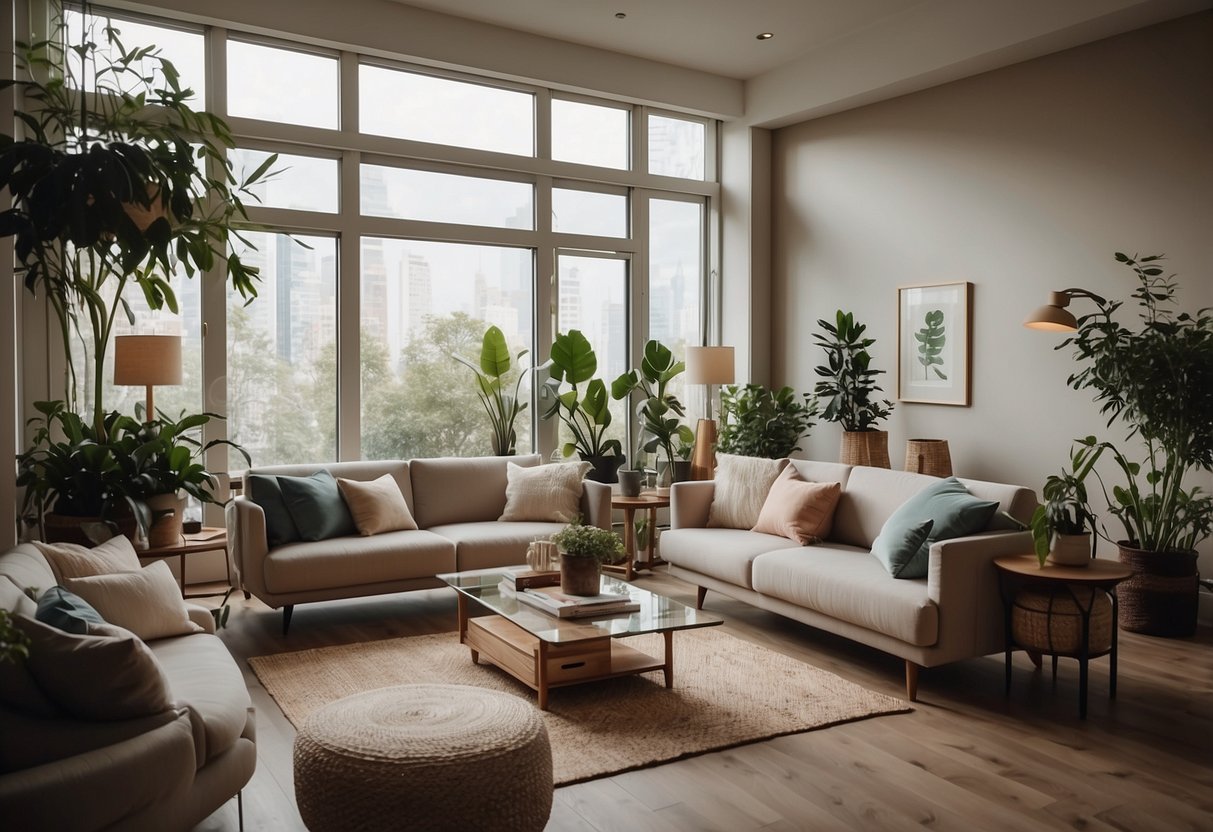 A living room with modern, stylish furniture arranged in a cozy and inviting manner. The space is well-lit and features decorative accents and plants to create a warm and welcoming atmosphere