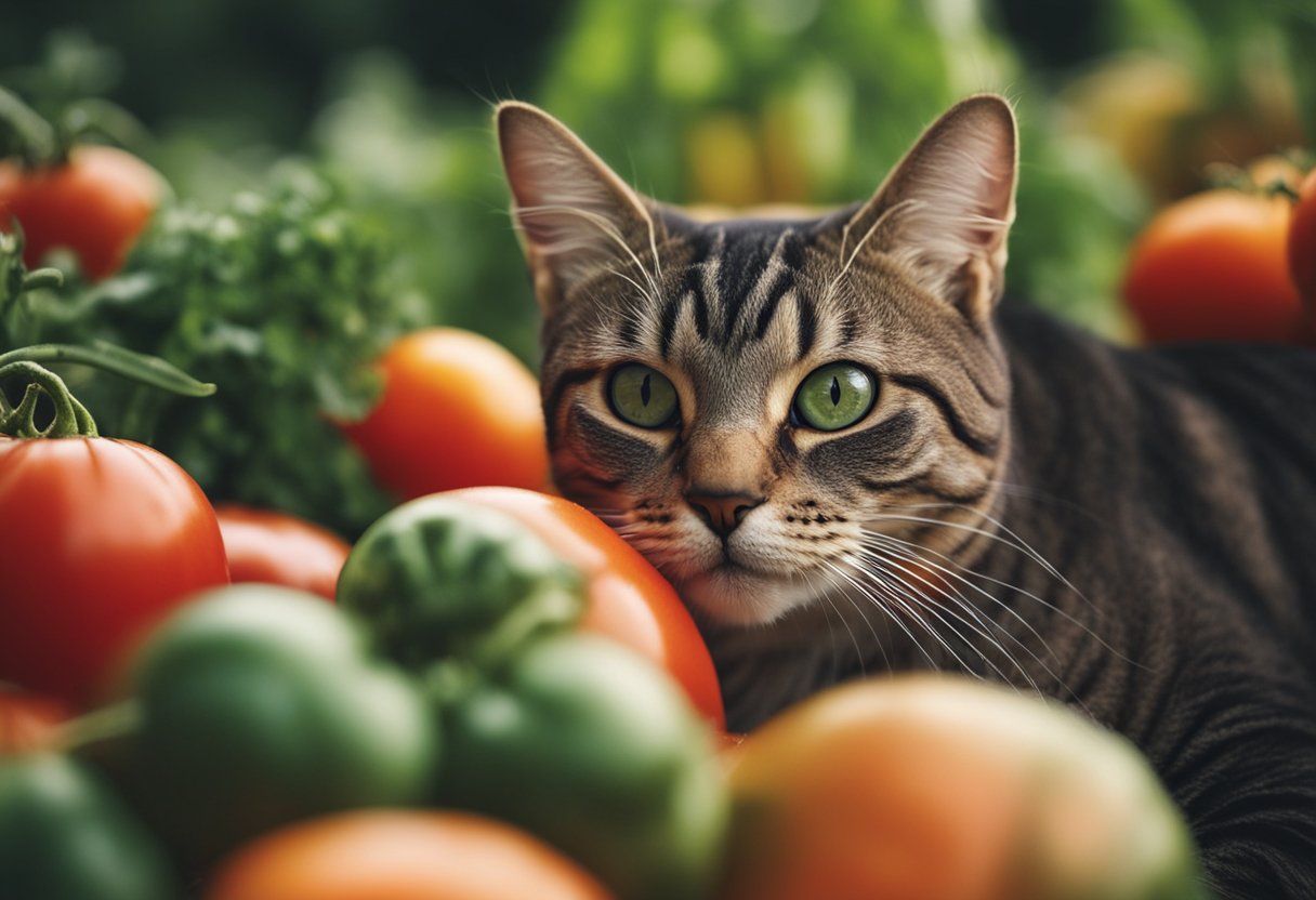 A ripe tomato with a cat's face, complete with whiskers and ears, nestled among other vegetables in a garden