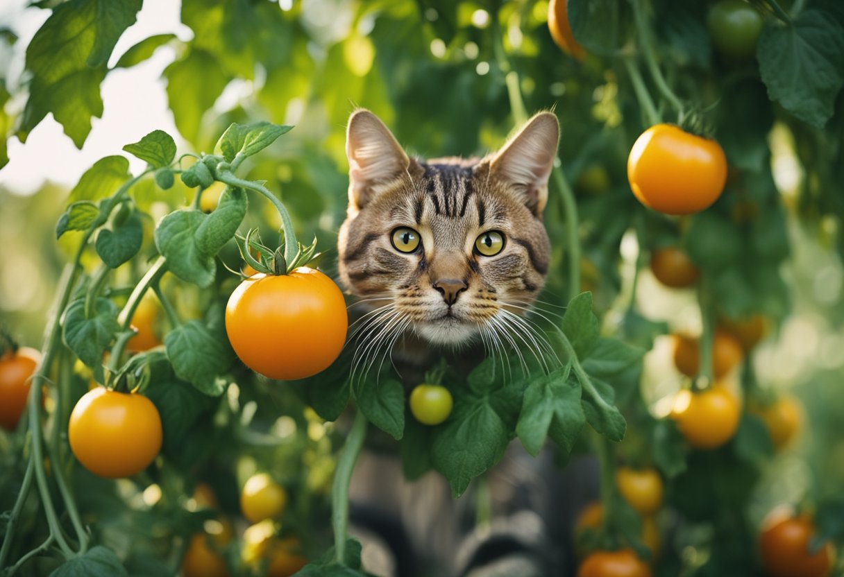 Vibrant vines bear cat-faced tomatoes, their yellow-orange skin adorned with whimsical feline features