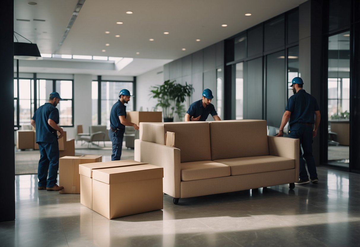 A delivery truck unloads sleek furniture into a modern apartment lobby, while a team of workers efficiently set up the pieces in various rooms