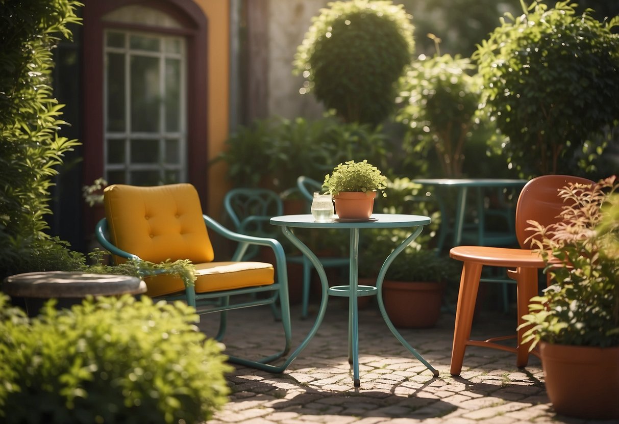 A vintage outdoor setting with retro furniture, including a colorful metal table and chairs, surrounded by lush greenery and basking in warm sunlight