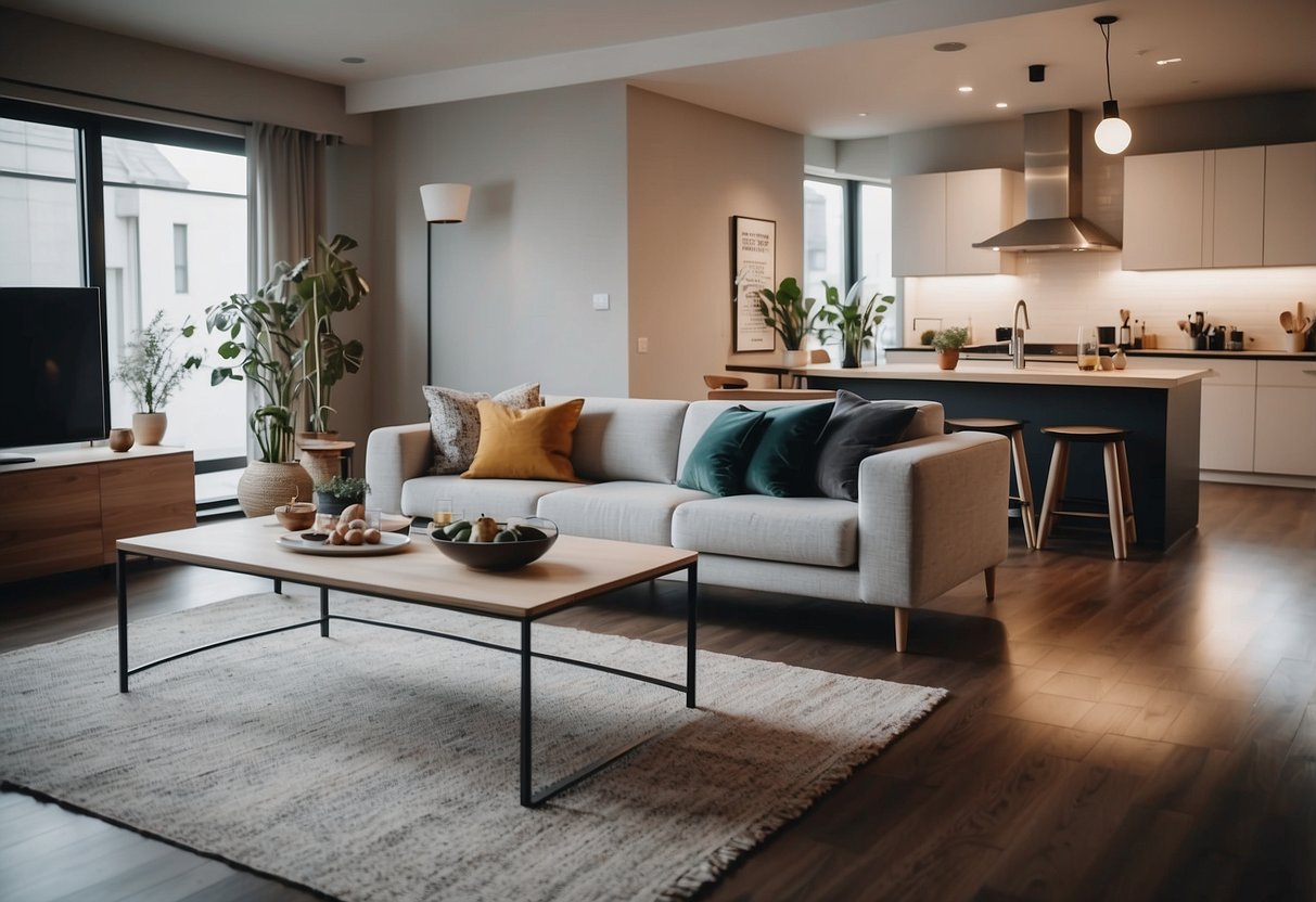 A cozy living room with modern furniture, a spacious dining area, and a well-equipped kitchen, all elegantly arranged in a stylish apartment setting