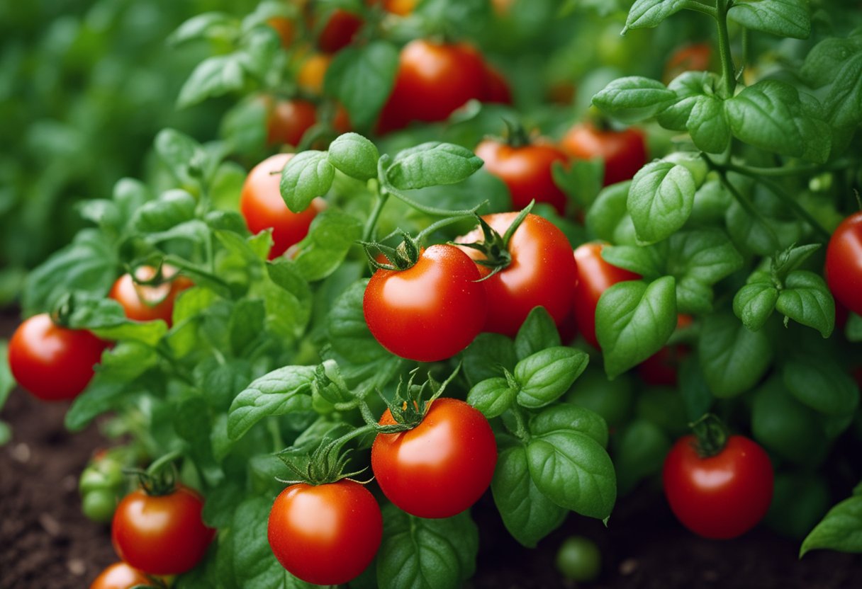Lush tomato plants thrive in rich soil with Epsom salt sprinkled around their base. The vibrant green leaves and plump red fruit showcase the benefits of this natural fertilizer