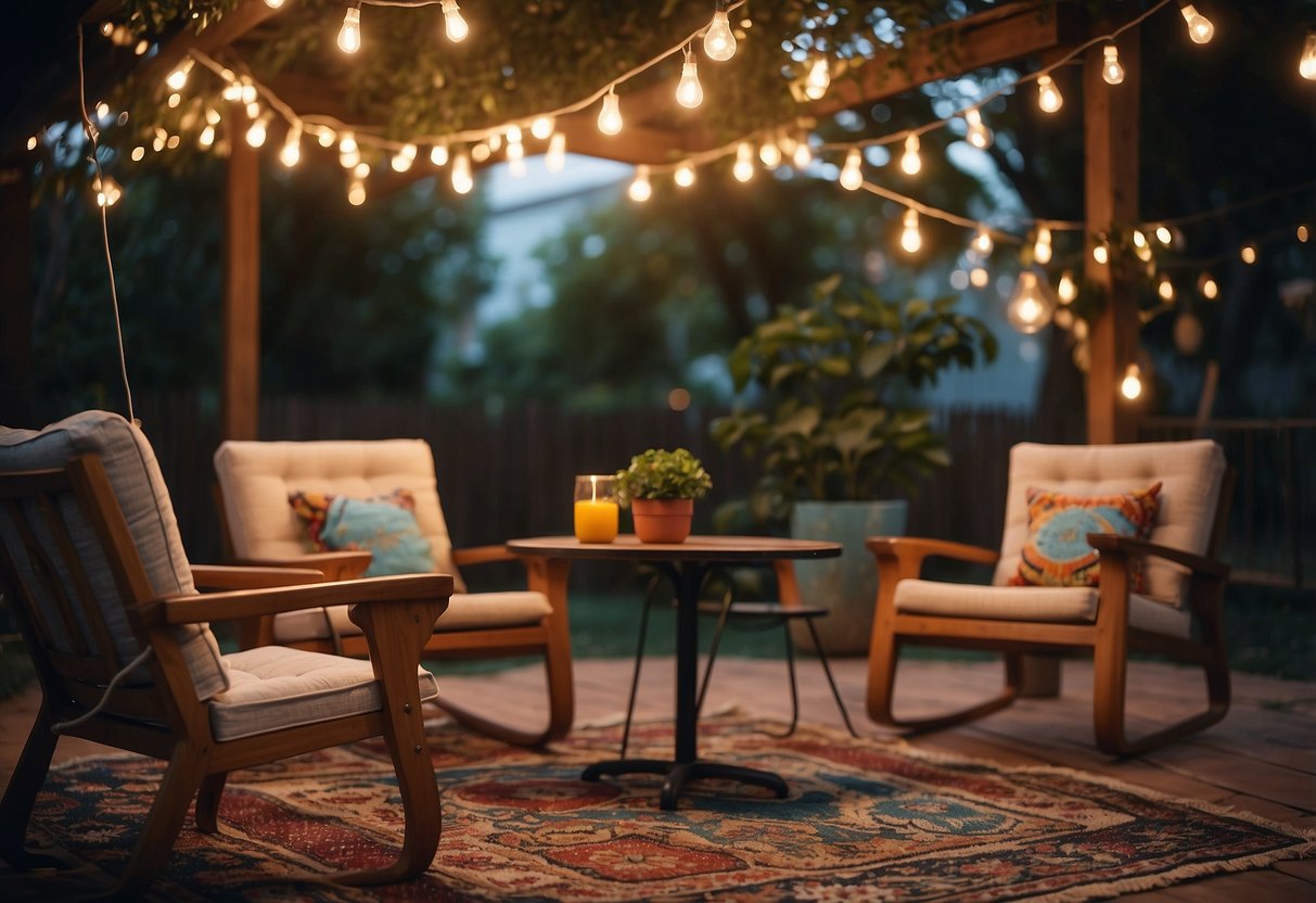 A cozy backyard with colorful vintage chairs and a retro table set on a patterned rug. A hanging string of lights adds a warm glow to the scene