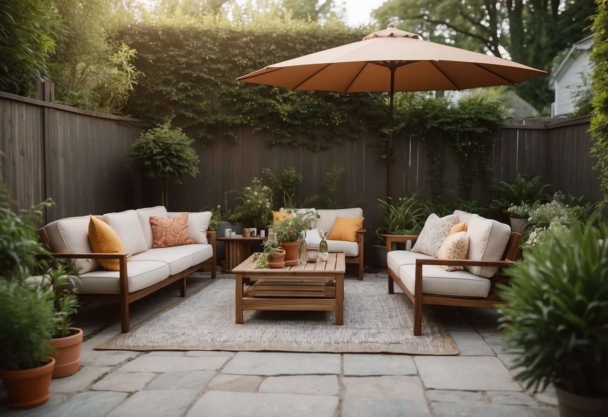A cozy outdoor living area with retro furniture, including a comfortable seating area, a dining space, and greenery for a cohesive and inviting atmosphere