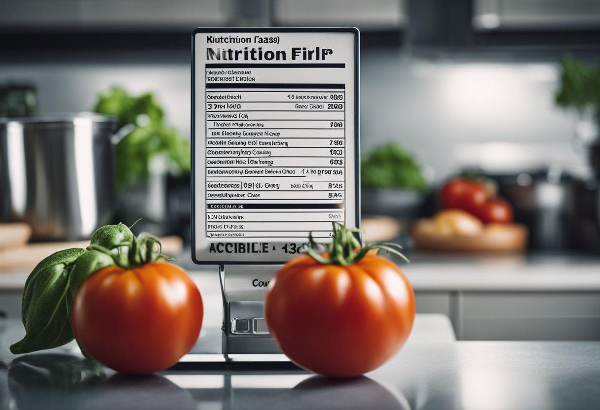 A ripe tomato sits on a kitchen scale, displaying its weight in grams. A nutrition label nearby lists the calorie count per serving