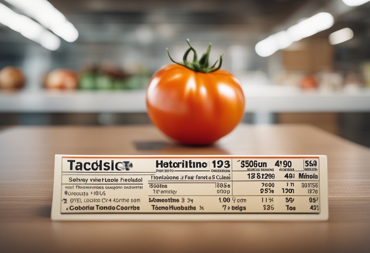 A whole tomato with a nutrition label showing its calorie count