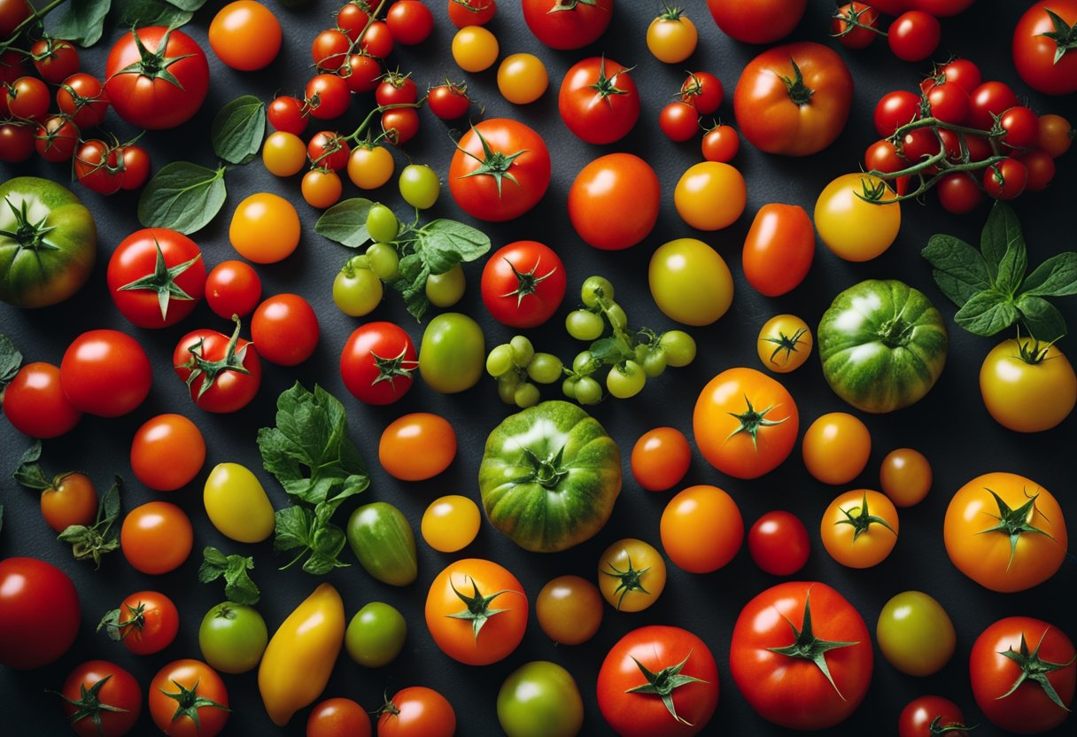 A variety of tomatoes displayed with calorie counts labeled for each type