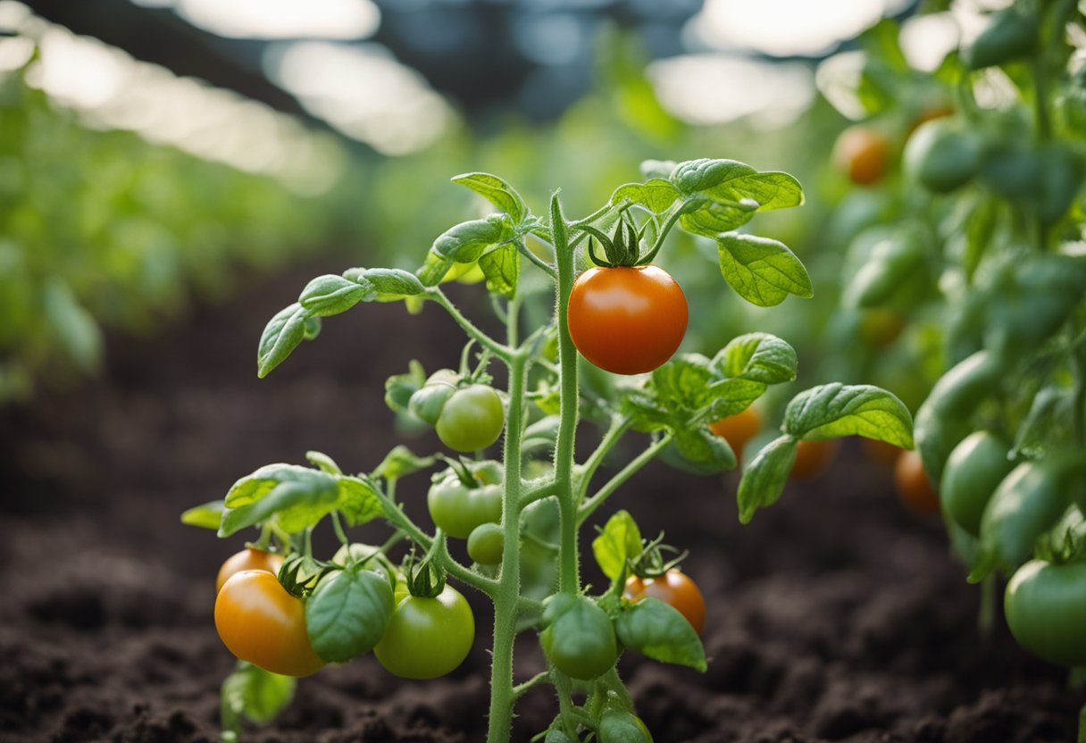 A tomato plant receives 1-2 inches of water per week, evenly distributed to keep the soil consistently moist