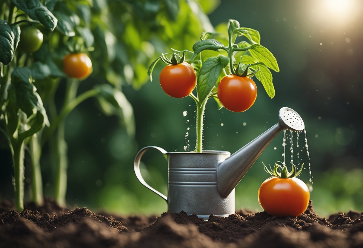 A tomato plant receives a steady stream of water from a watering can, ensuring the soil is moist but not waterlogged