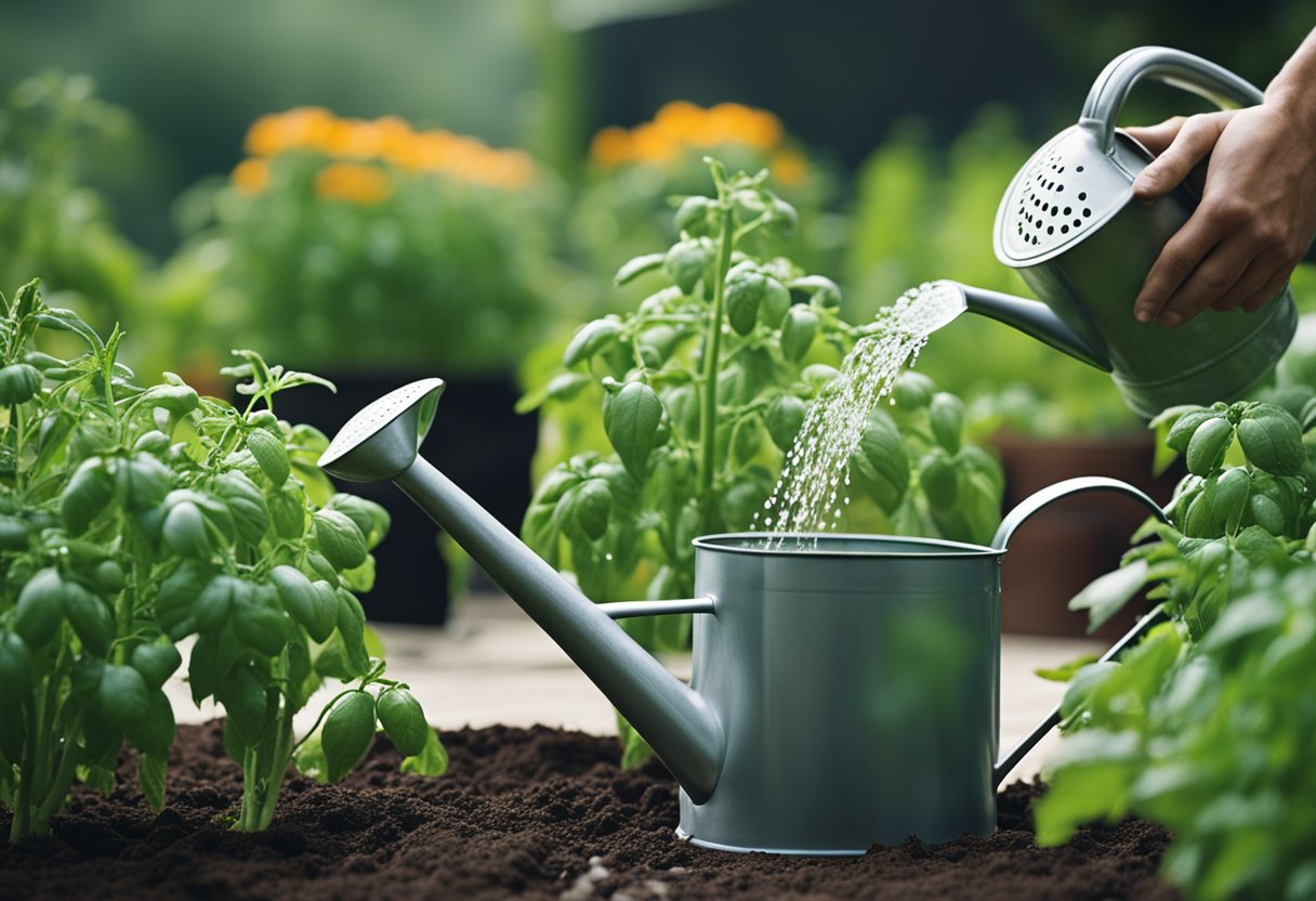 Tomato plants being watered with a watering can