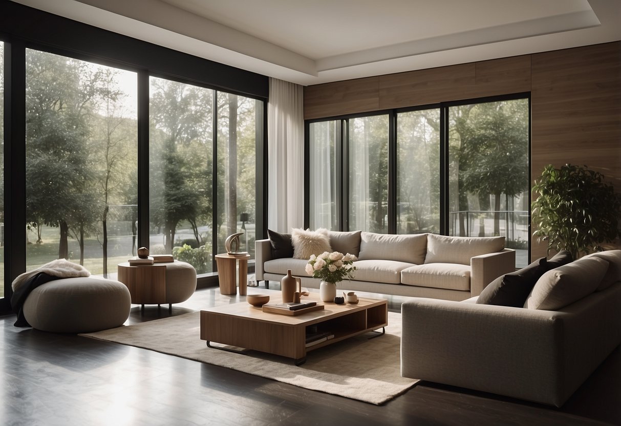 A modern living room with Roda furniture set against a backdrop of large windows and natural light