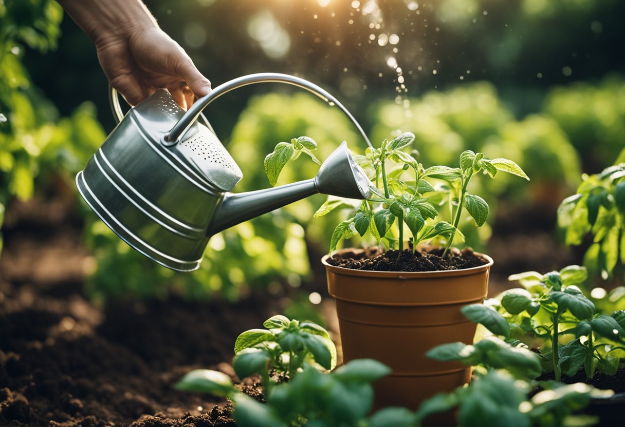 A hand holding a watering can pours water onto a healthy tomato plant in a garden. The soil is damp but not waterlogged, and the sun shines overhead