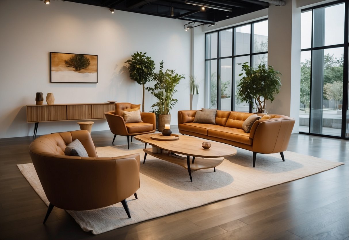Customers browsing Roda's unique furniture collections, admiring the sleek lines and modern designs. Bright showroom with natural light