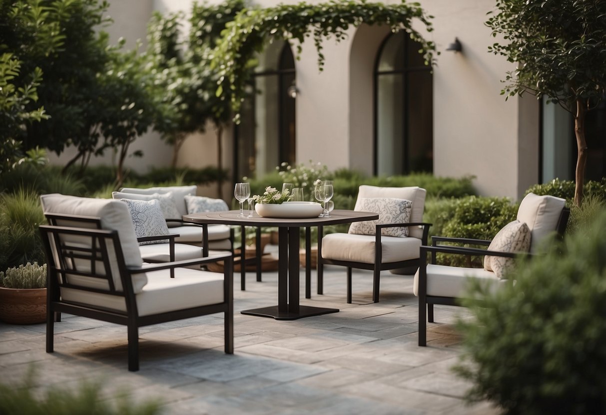 A serene outdoor patio featuring Roda furniture, with comfortable seating, elegant tables, and lush greenery creating a tranquil and inviting atmosphere