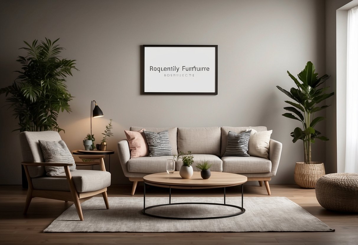 A room with modern furniture arranged in a cozy and inviting setting, with a sign reading "Frequently Asked Questions roda furniture" displayed prominently