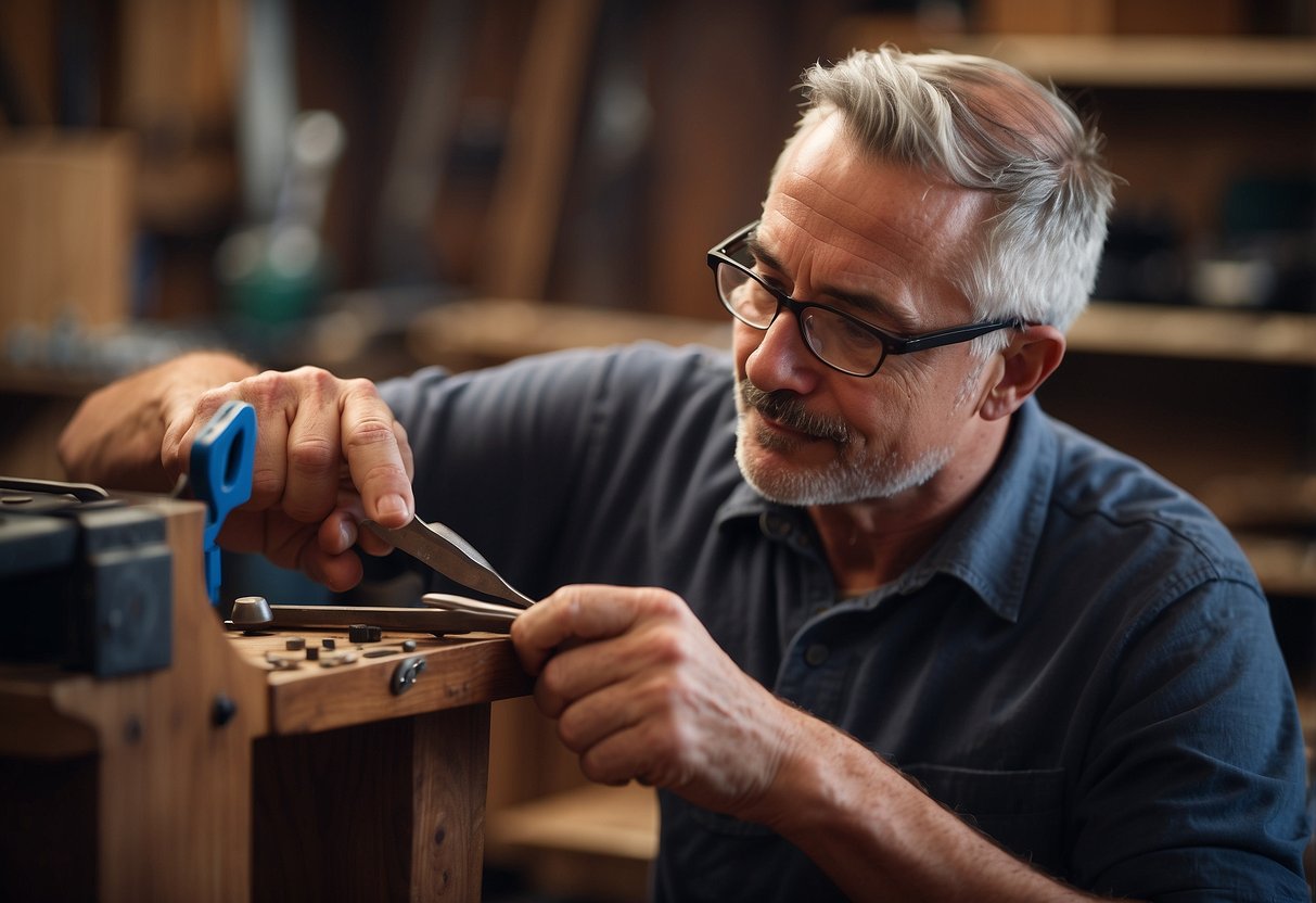 A craftsman repairs a cracked rosewood chair with precision tools and careful attention to detail