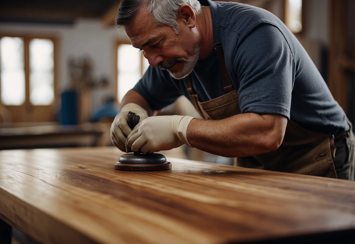 A skilled craftsman carefully restores a rosewood table, sanding and polishing the intricate details to bring out its natural beauty