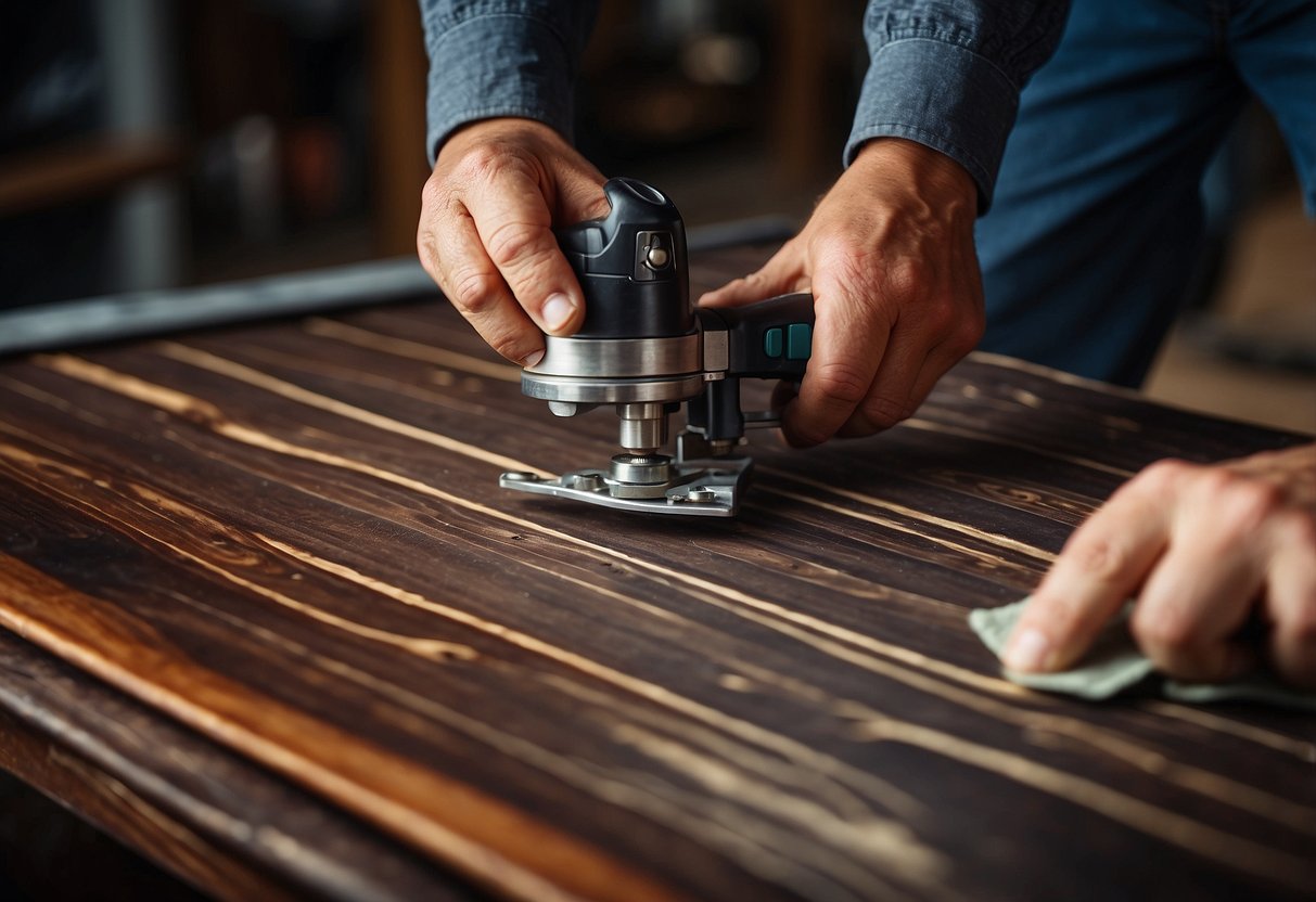 A skilled craftsman expertly restores a damaged rosewood table, using precision tools and meticulous care