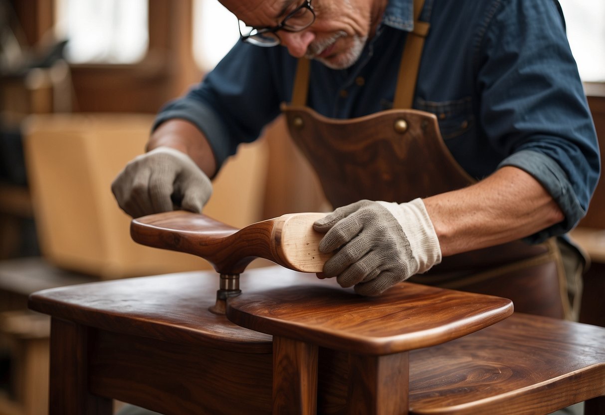 A skilled craftsman carefully restores a worn rosewood chair, sanding and polishing the intricate details to bring out its natural beauty