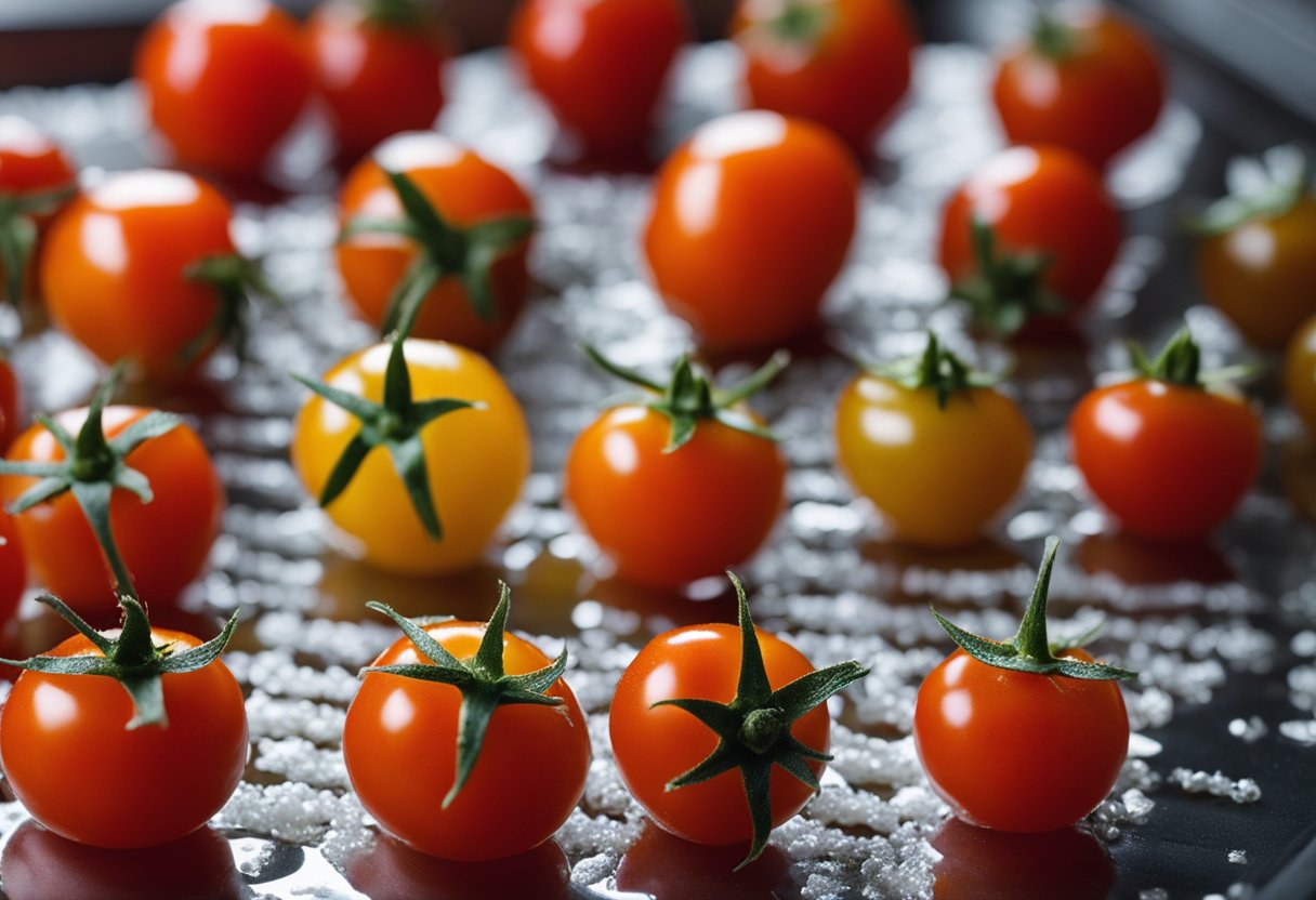 Cherry tomatoes are spread on a baking sheet. They are then placed in the freezer until they are completely frozen