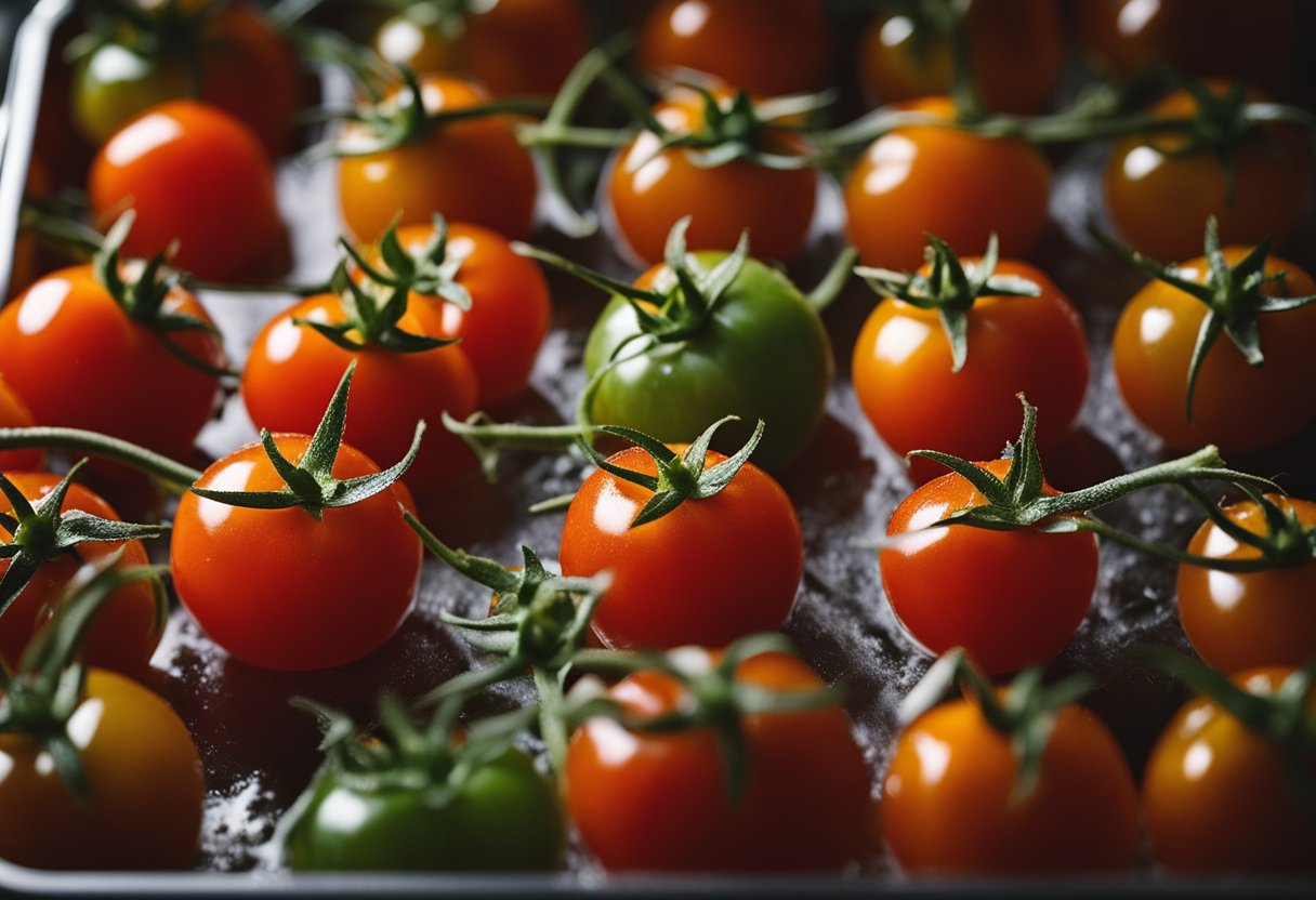 Cherry tomatoes placed on a baking sheet, frozen solid, then transferred to airtight containers for long-term storage