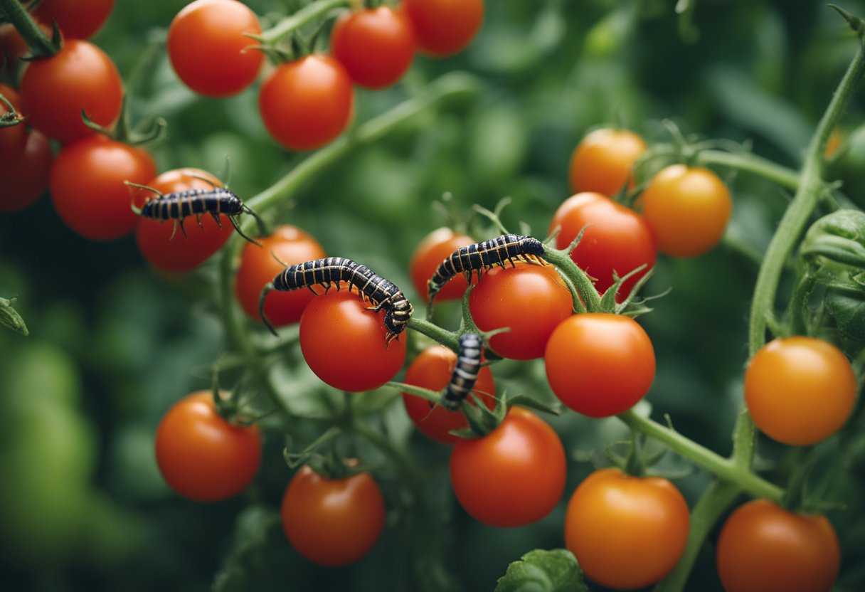 Tomato fruit worms crawling on ripe red tomatoes