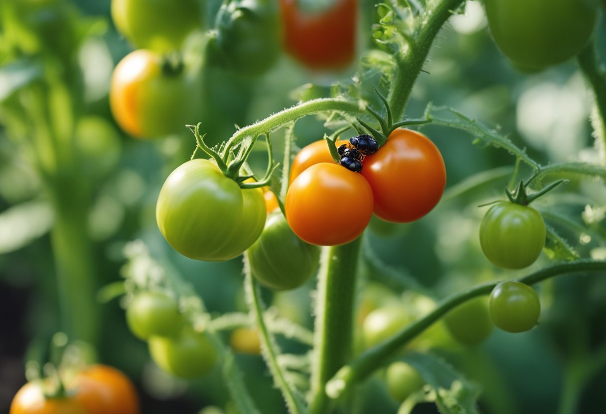 Tomato plants surrounded by natural predators, like ladybugs and lacewings, to prevent fruit worms