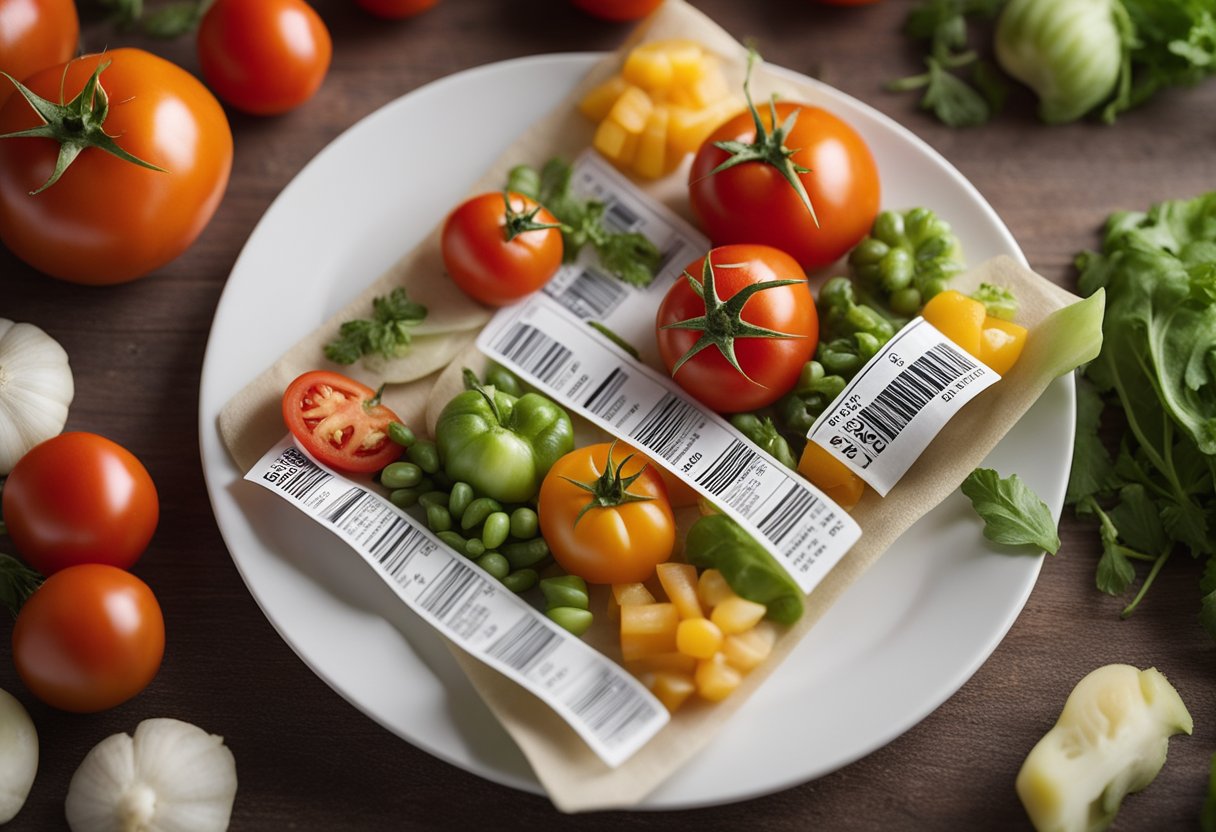 A ripe tomato sits on a white plate, surrounded by colorful vegetables. A nutrition label with "Basic Nutrition Facts" is visible next to it