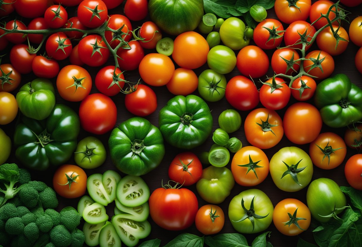 A colorful array of fresh tomatoes, showcasing their various shapes and sizes, with a backdrop of vibrant green leaves and a small sign displaying "Health Benefits: Tomato Nutrition Information."