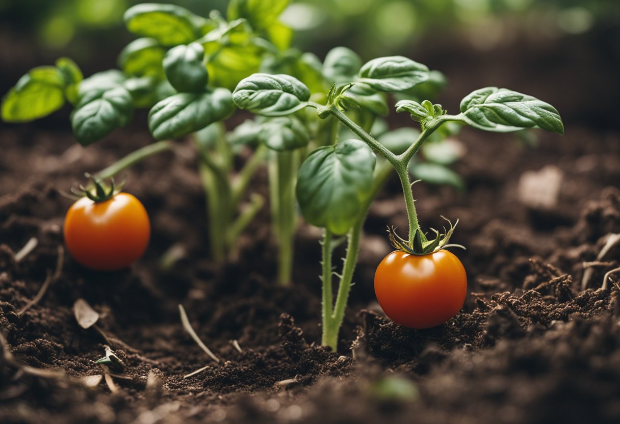 Overpruned tomato plant with excessive cut stems and leaves scattered on the ground