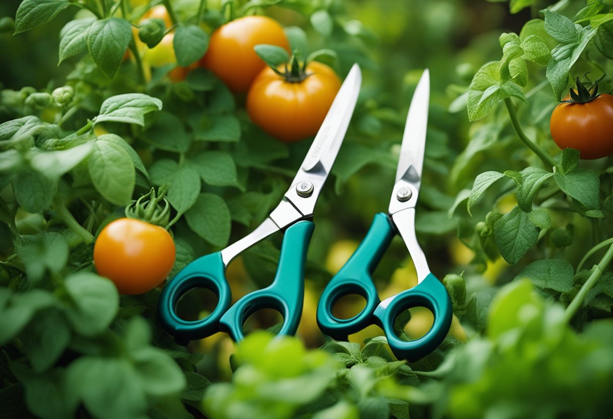 A pair of gardening shears carefully trims back overgrown tomato vines, removing excess leaves and stems to encourage healthy growth