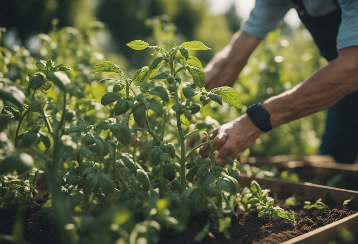 A gardener incorrectly pruning tomato plants in the middle of summer, cutting off healthy branches and leaving behind a disorganized mess of stems and leaves