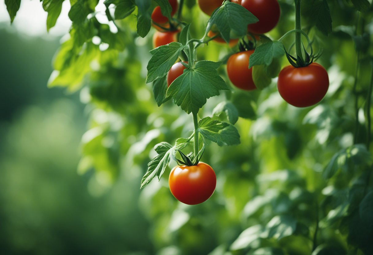 Green leaves and red tomatoes on tall, leafy stems
