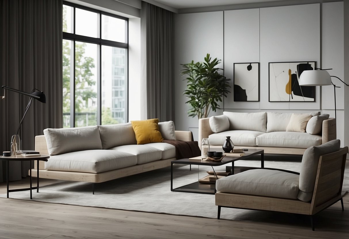 A room with modern furniture arranged neatly, with clean lines and minimalistic design