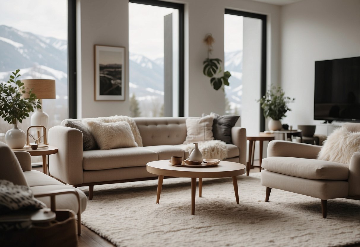 A cozy living room with two matching armchairs, a coffee table, and a plush rug. The furniture is modern and sleek, with clean lines and neutral colors