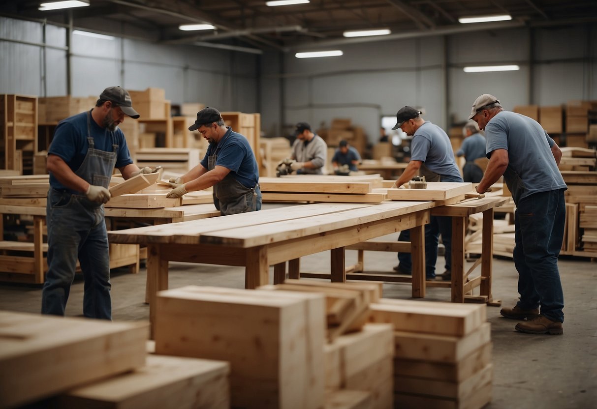 A bustling furniture workshop with workers crafting wood, assembling furniture, and packaging products for shipment. Machinery hums and sawdust fills the air