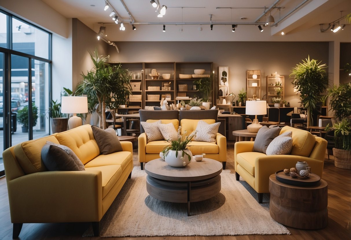 Customers browsing through stylish furniture displays in Sisters' Furniture Store. Brightly lit showroom with cozy seating areas and decorative home accessories