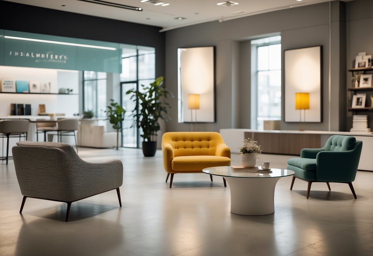 A brightly lit showroom with modern furniture displays. A sign reads "Frequently Asked Questions" above a sleek, minimalist table and chairs