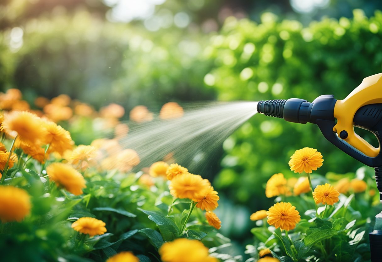 Lush green garden with a hose connected to a high-quality sprayer, spraying a fine mist over vibrant flowers and plants