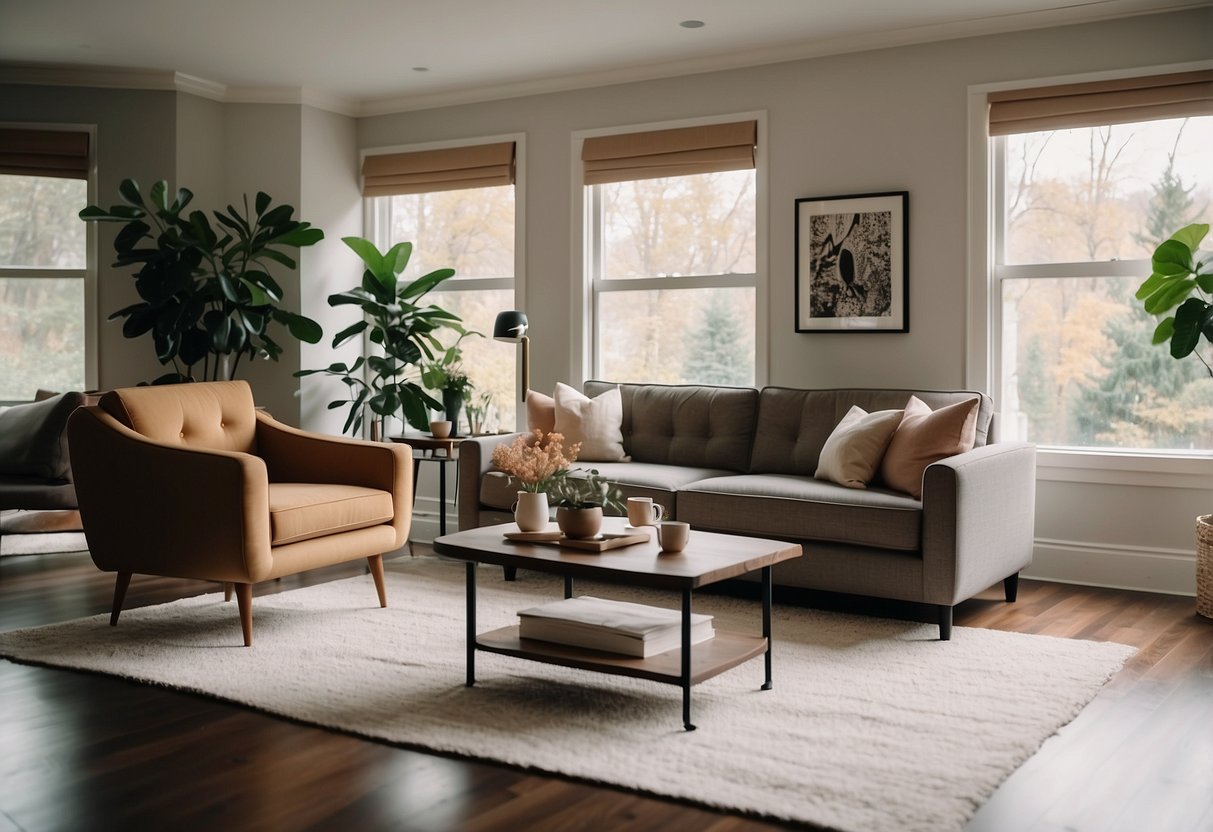 A cozy living room with a modern sofa, a sleek coffee table, and a stylish armchair from Sisters Furniture. Bright, natural light streams in from the large windows, creating a warm and inviting atmosphere