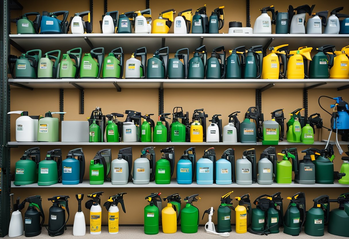 A variety of garden sprayers sit on a shelf, including handheld, backpack, and pump styles. Different sizes and colors are displayed, with labels indicating their specific uses