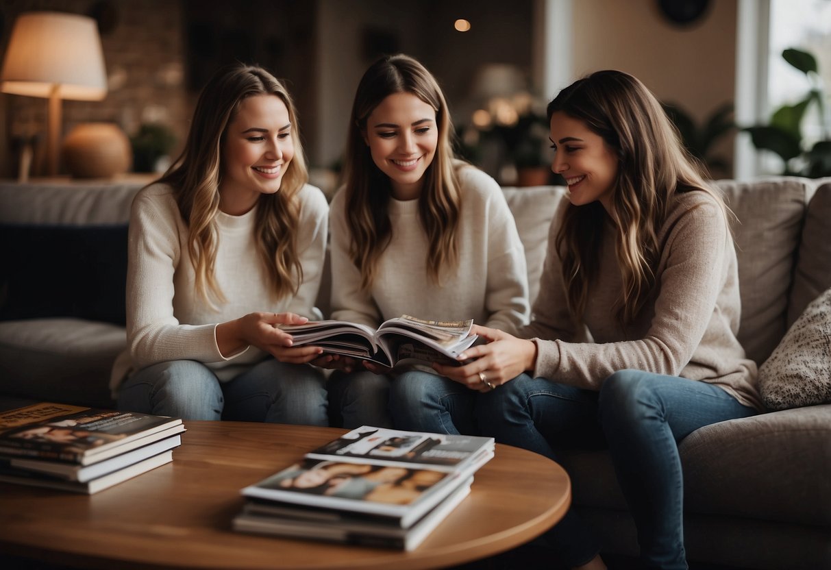 Two sisters discussing furniture in a cozy living room with a stack of design magazines and a laptop open on the coffee table