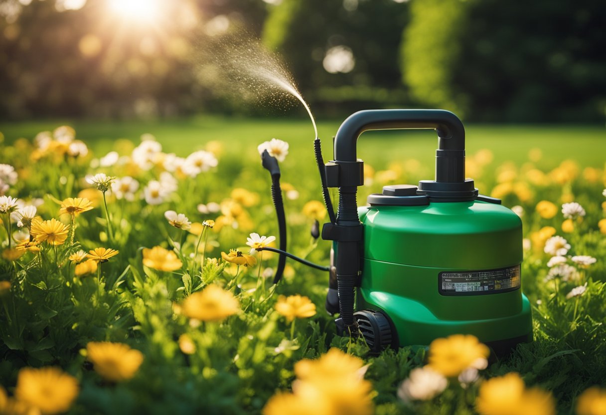 A garden sprayer sits on a lush green lawn, surrounded by blooming flowers and vibrant plants. The sun shines down, casting a warm glow over the scene